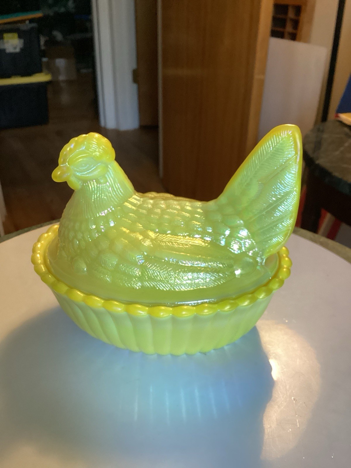 Westmoreland Hen On Nest Carnival Iridescent Glass Dandelion by Rosso
