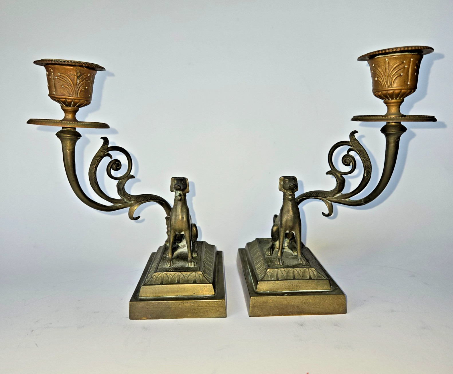 Antique Pair 19th Century French Figural Greyhound / Whippet Candlesticks Brass