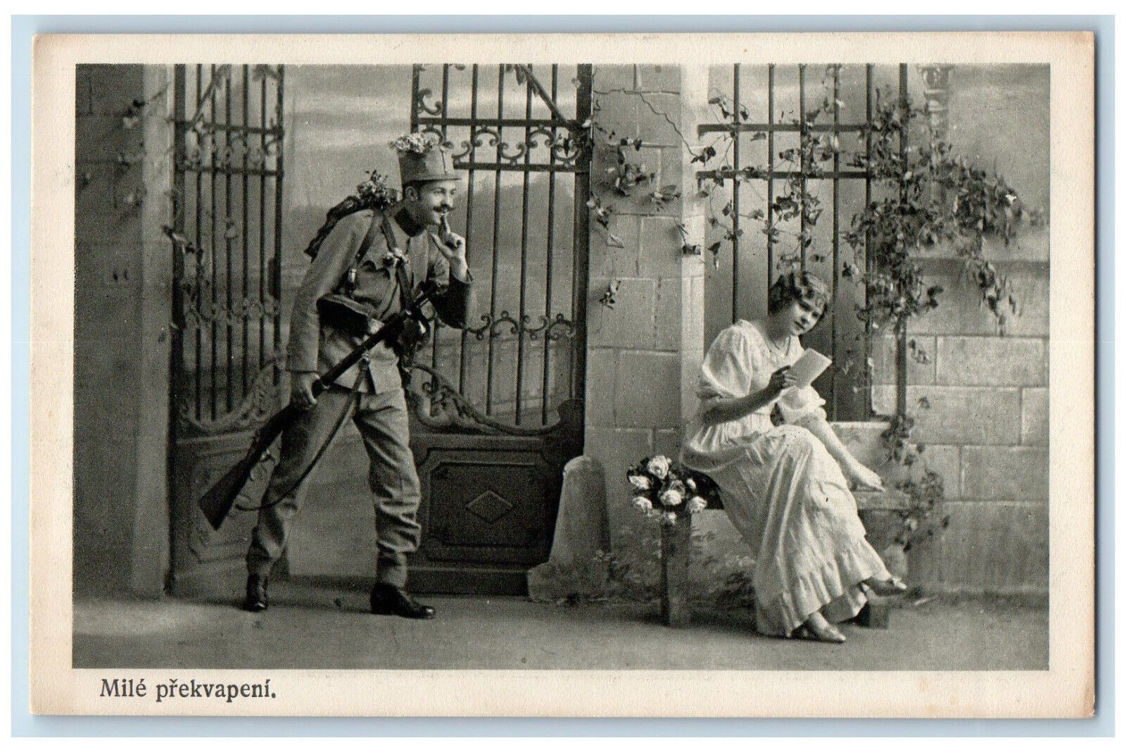 Hungary Postcard Pleasantly Surprised Soldier Romance Gate c1920\'s WW1