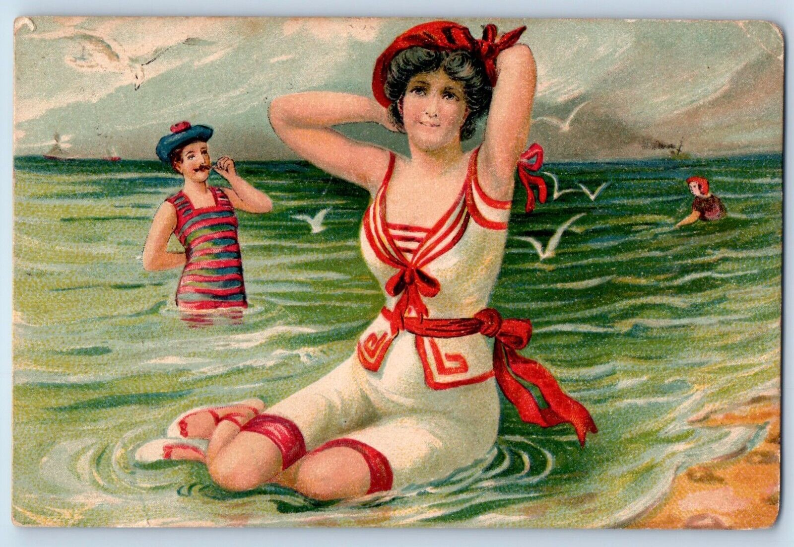 New Albin Iowa IA Postcard Beach Bathing Beauty Birds 1914 Posted Antique