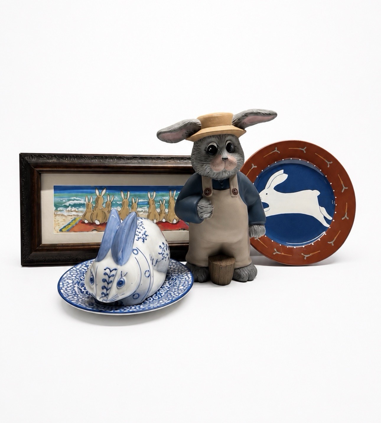 Vintage Bunny Rabbit Lot Painting Ceramic Figurine Platter Art Decor Bundle