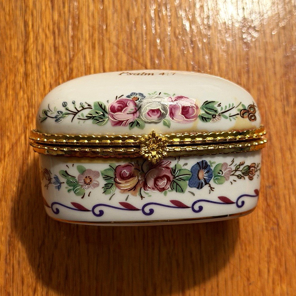 VTG Imperial Porcelain Hinged Trinket Box Floral Gold Trim Scripture Psalm 4:7
