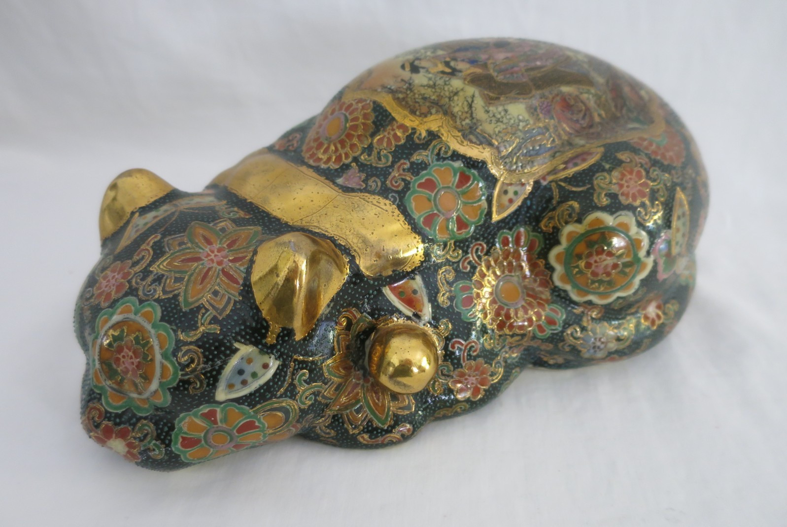 Vintage Sleeping Cat Japanese Satsuma Style Black Gold Moriage Floral Women 10in