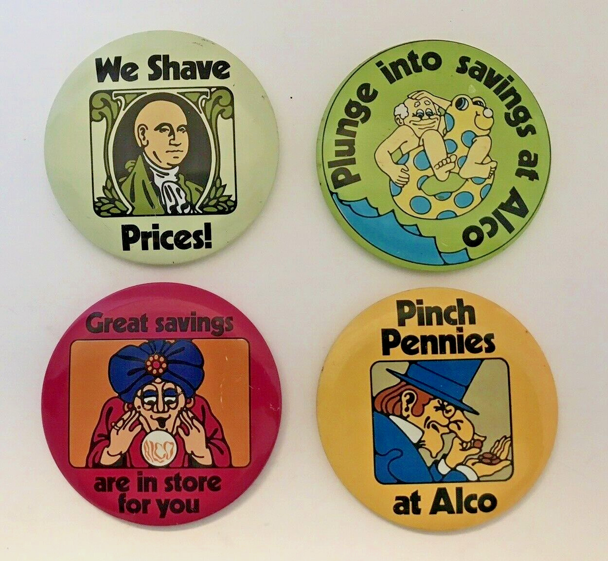 4 Vtg 1970s-80s ALCO Discount Store Employee Advertising Pinback Buttons Badges