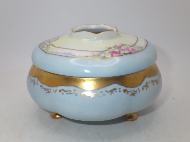 VINTAGE Porcelain Rose Gold Blue Lidded Hair Receiver MZ Austria Vanity footed