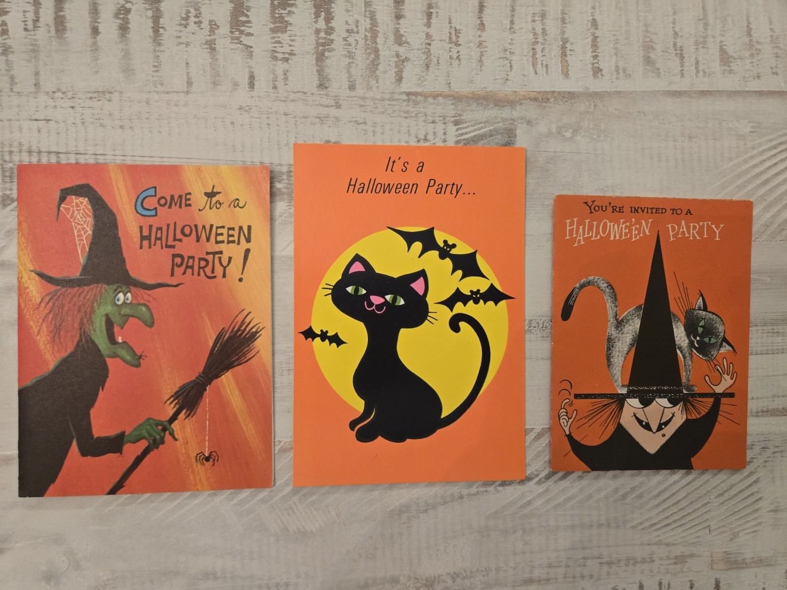 Rare Set Of 3 Vintage Unused HALLOWEEN Party Invitations Witch Black Cat Cards