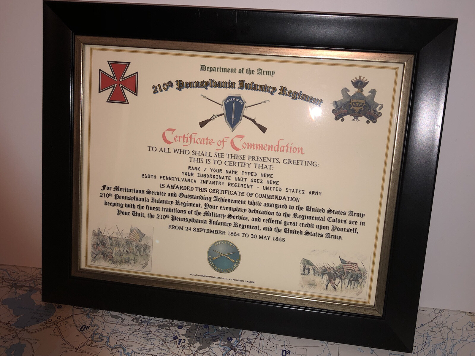 210TH PENNSYLVANIA INFANTRY REGT / COMMEMORATIVE - CERTIFICATE OF COMMENDATION