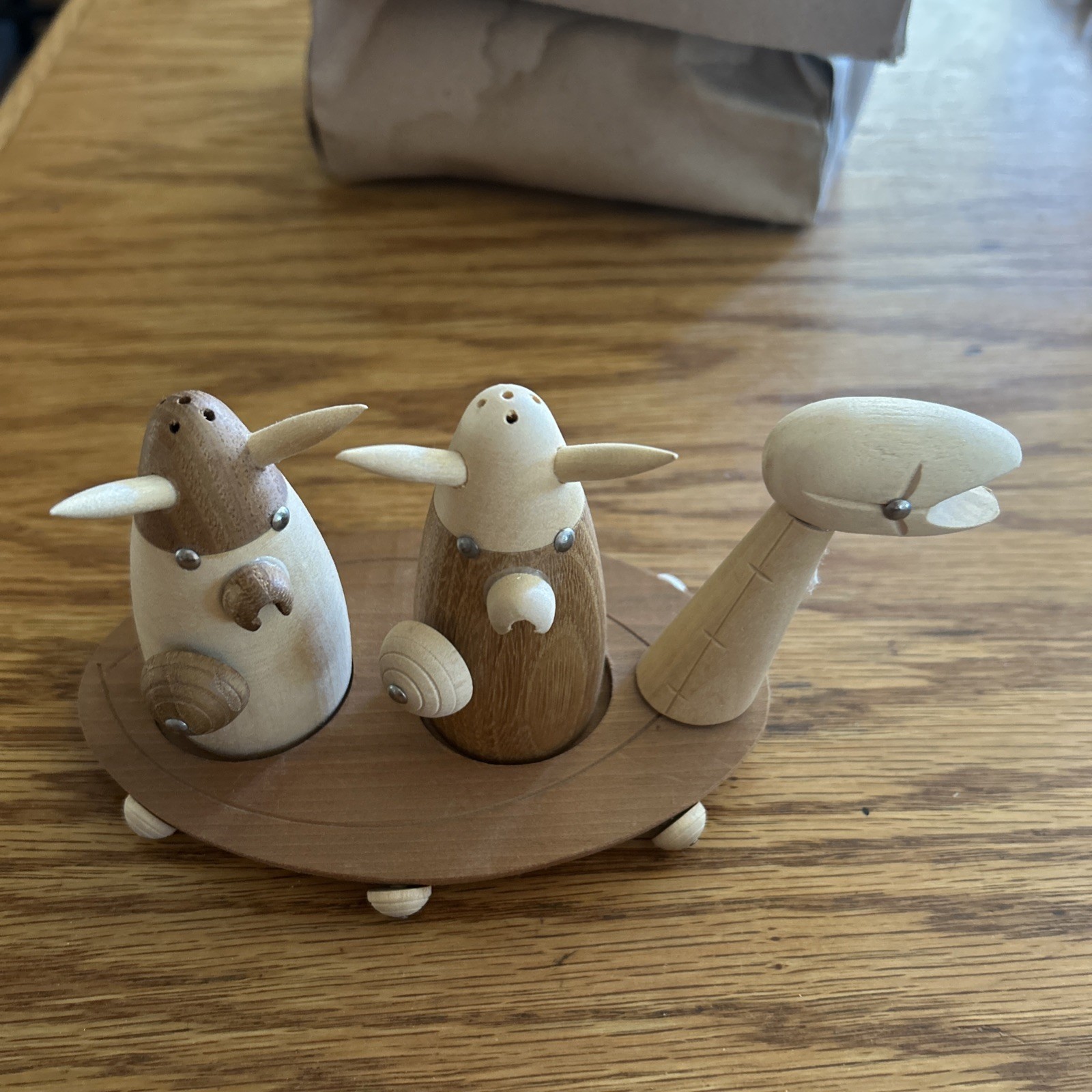 1960s Norcrest Viking S&P Shakers Wooden 3 Piece Set with Ship Rare Japan