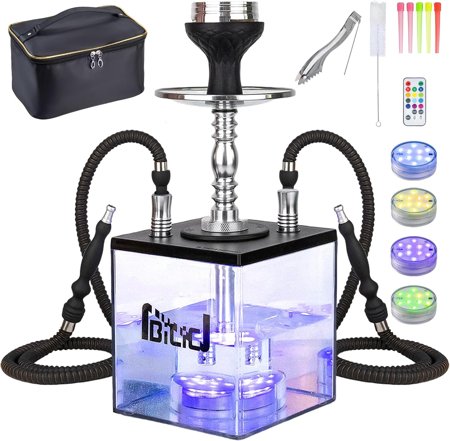 16.7 Inch Black Hookah Set 2‑Hose with LED Acrylic Base for Party