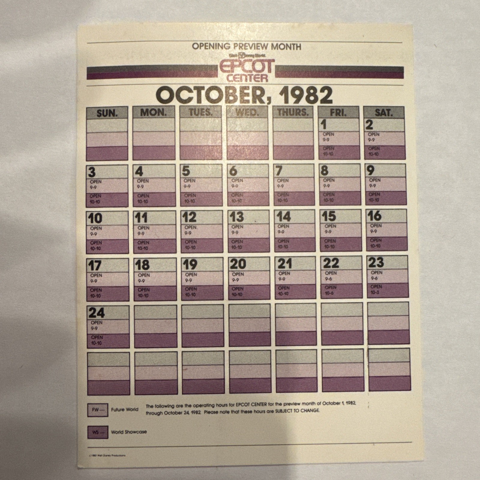 EPCOT CENTER October, 1982 Opening Preview Month Calendar - very rare