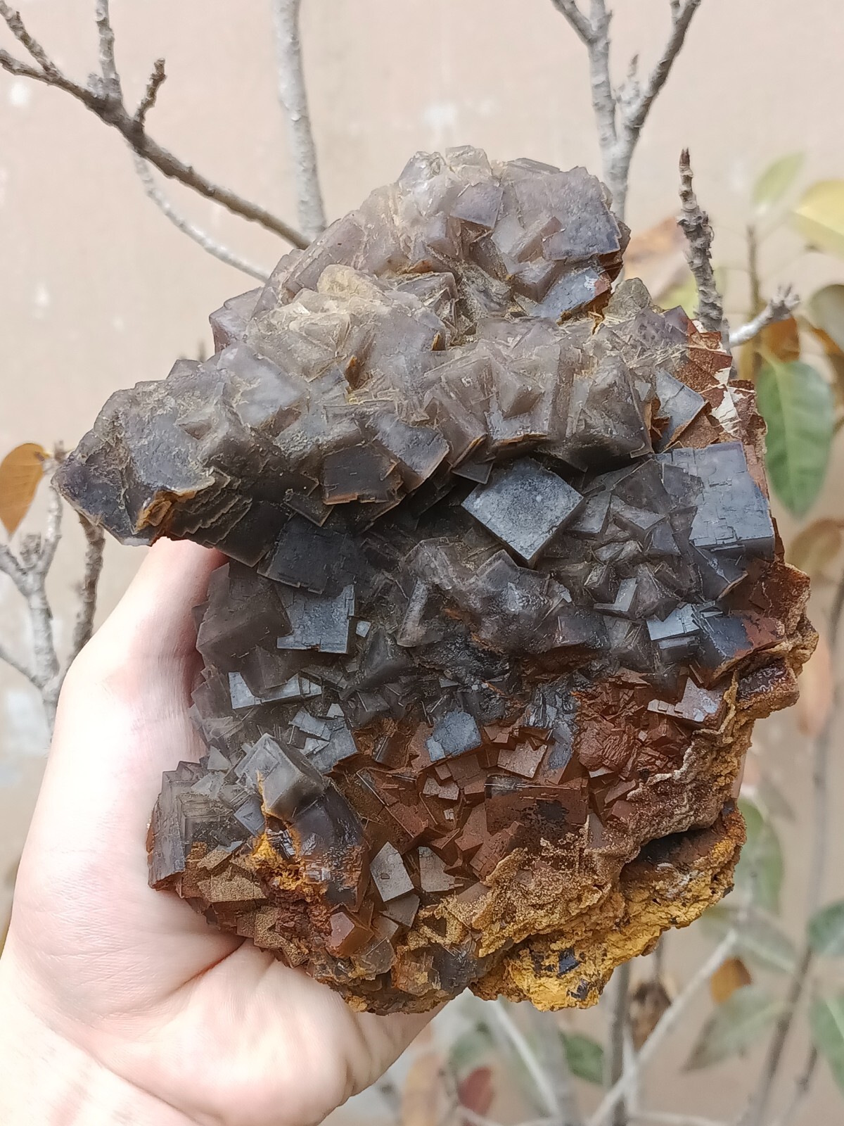 1.5kg Natural Cubic Fluorite Crystal Mineral Specimen With Iron Oxide Coating
