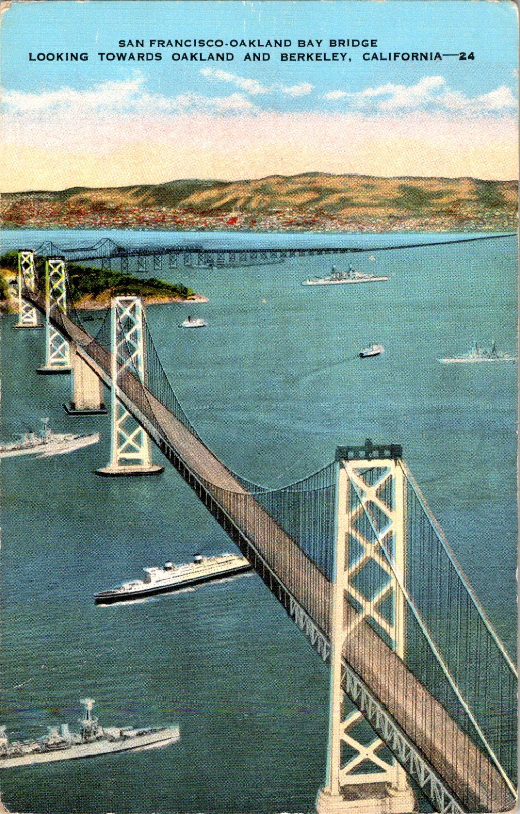 San Francisco Oakland Bay Bridge Linen Postcard California Yerba Buena