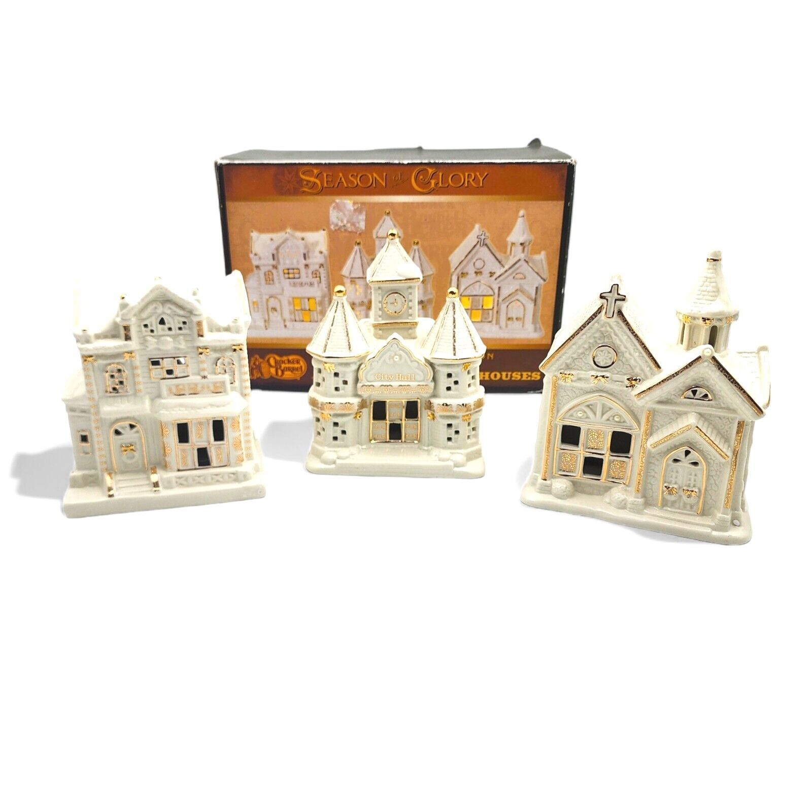Cracker Barrel Season Of Glory Village Houses With Gold Set Of 3 Lighted 