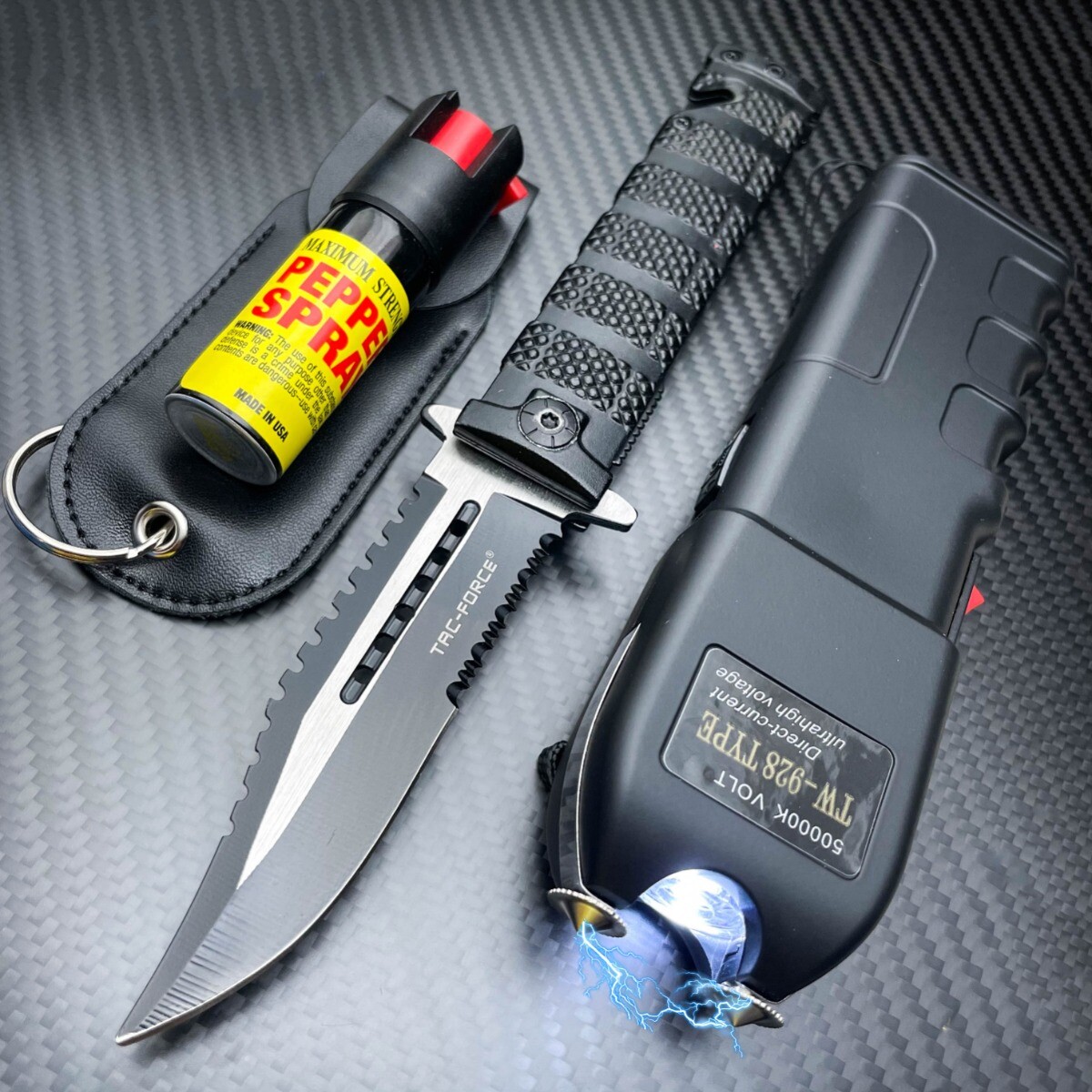 Tactical Stun Gun Flashlight + Pocket Knife + Pepper Spray Self Defense KIT EDC