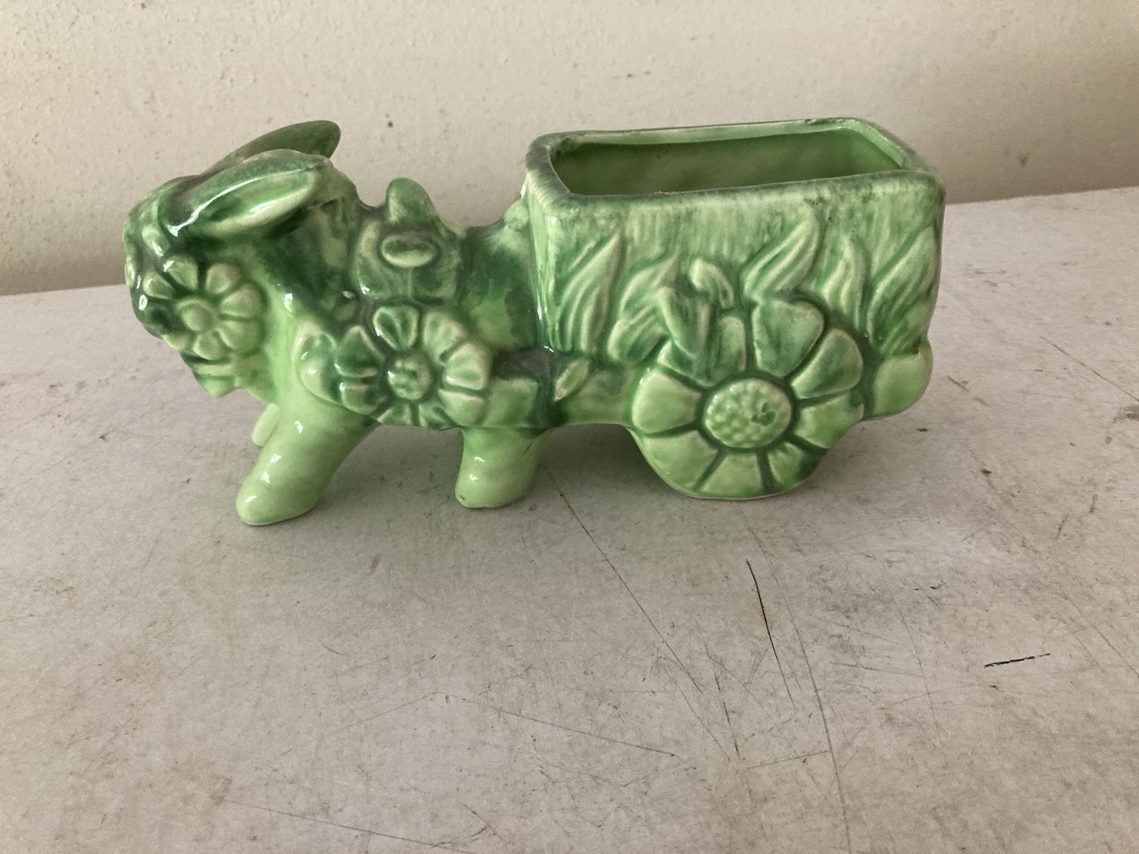Green Ceramic Donkey Planter Floral Design Glazed Indoor Decorative