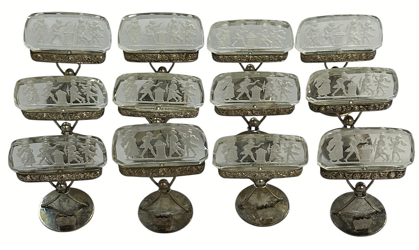 ANTIQUE AUSTRIAN INTAGLIO CRYSTAL PLACE CARD HOLDER SET OF 12 SILVERPLATE