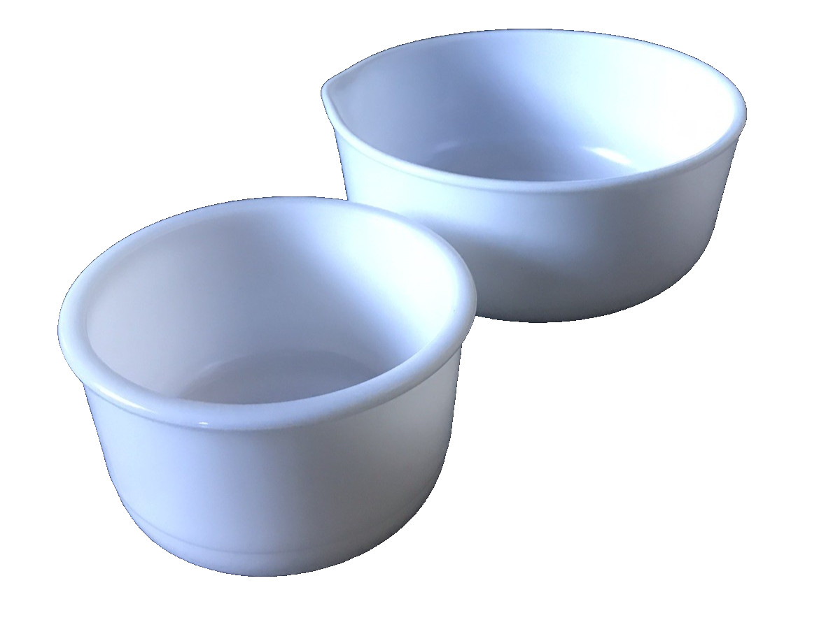 White Mixing Bowls Milk Glass Set of 2 / Large Champion w/Spout / Small unmarked White Mixing Bowls Milk Glass Set of 2 / Large Champion w/Spout / Small unmarked