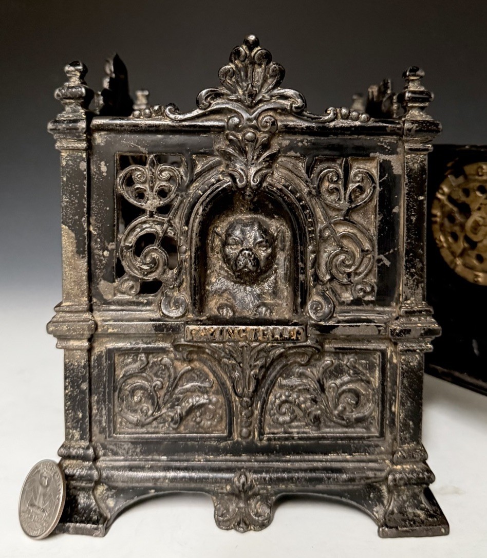 J Barton Smith Cast Iron Fidelity Trust Bank w/ Time Lock, Teller & Dogs, c.1890