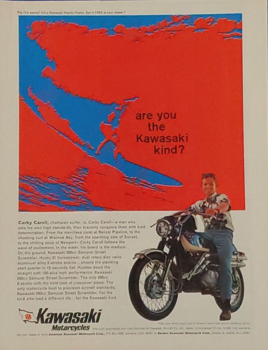 1968 KAWASAKI SAMURAI 250cc MOTORCYCLE COLOR PRINT AD CORKY CAROLL PRO SURFER