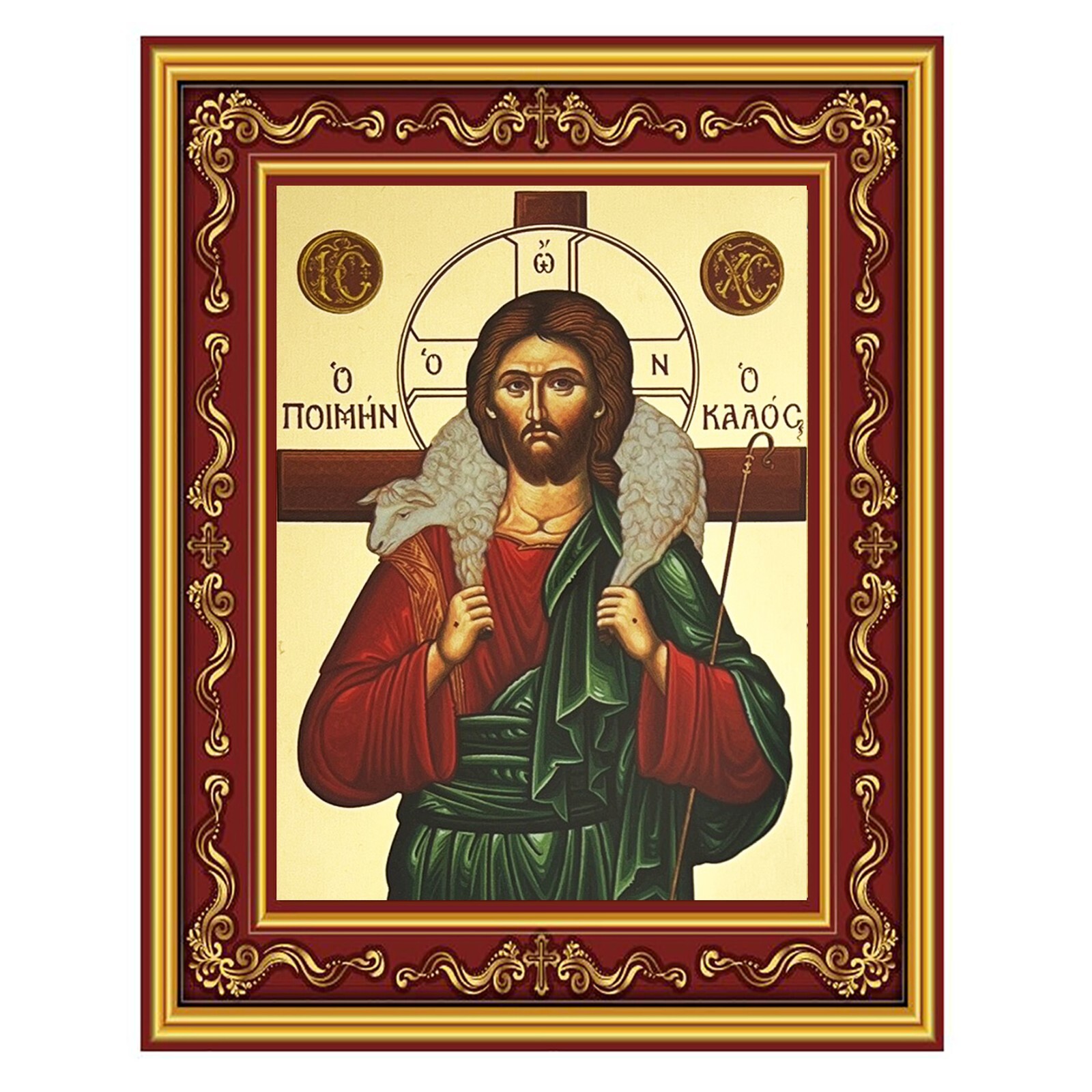 GOOD SHEPHERD Greek Byzantine Gold Foil Icon in Burgundy Frame - Jesus Christ