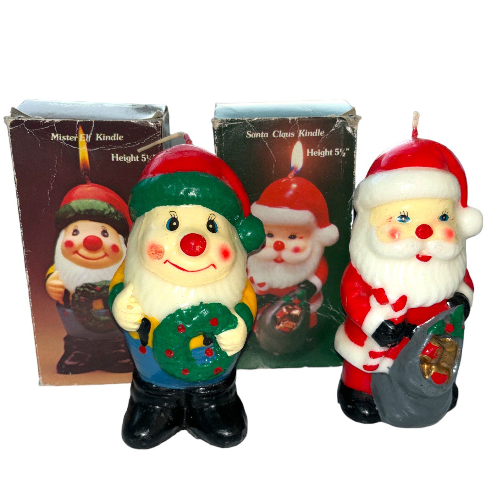 Vintage 1983 Christmas Kindles 1 Santa Claus & 1 Mister Elf Kindle Candles Boxed
