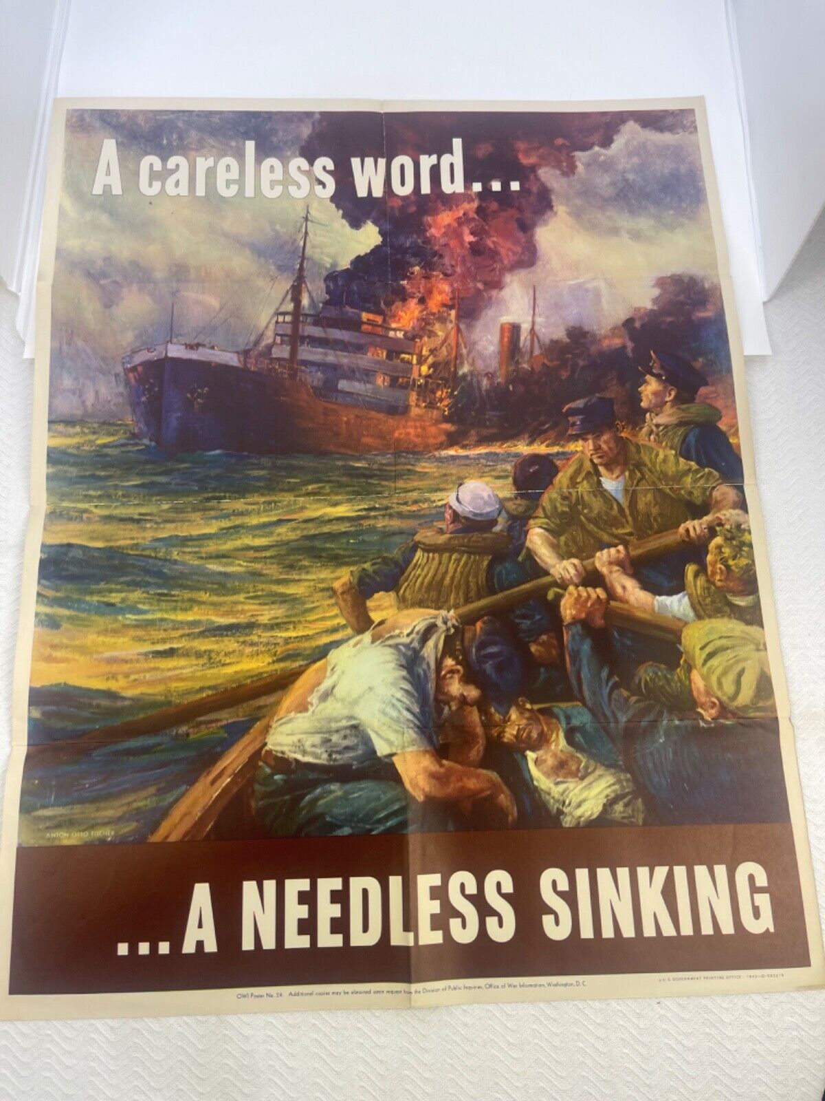 Original VTG  WW2 1943 A Careless Word A Needless Sinking Poster