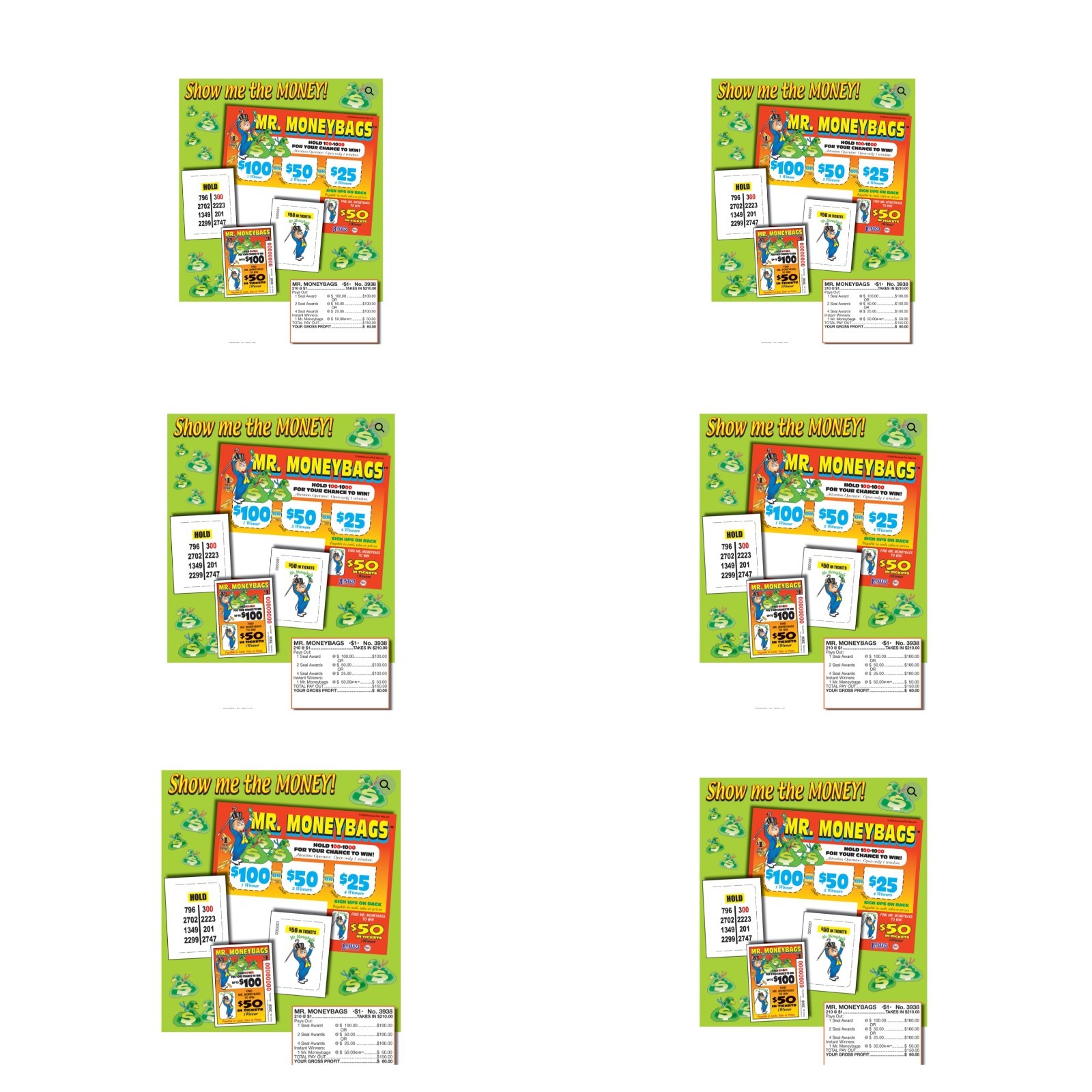 Pull Tab Tickets - Hard Card - Game - 6 Pack - Mr. Money Bags - 210 ct ea