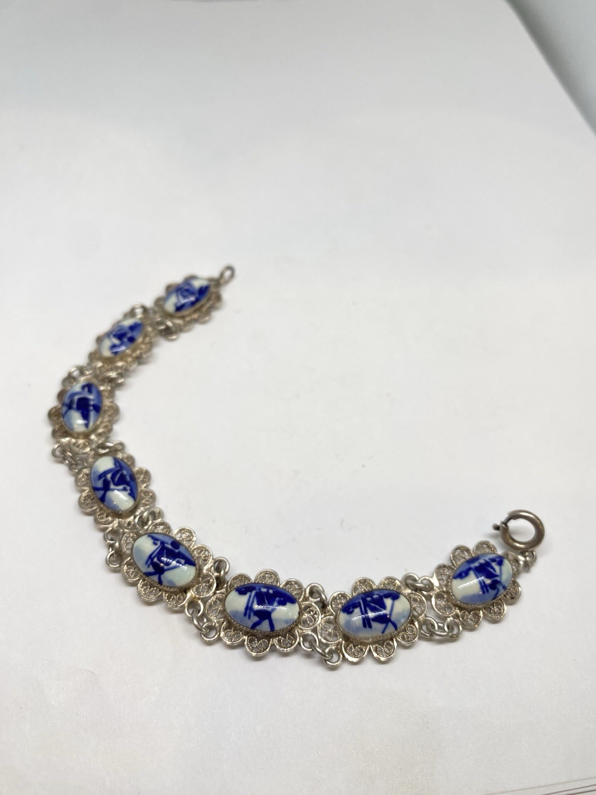 Delft Sterling Silver Hand Painted Holland Windmill Bracelet 14g 925 7 3/8”