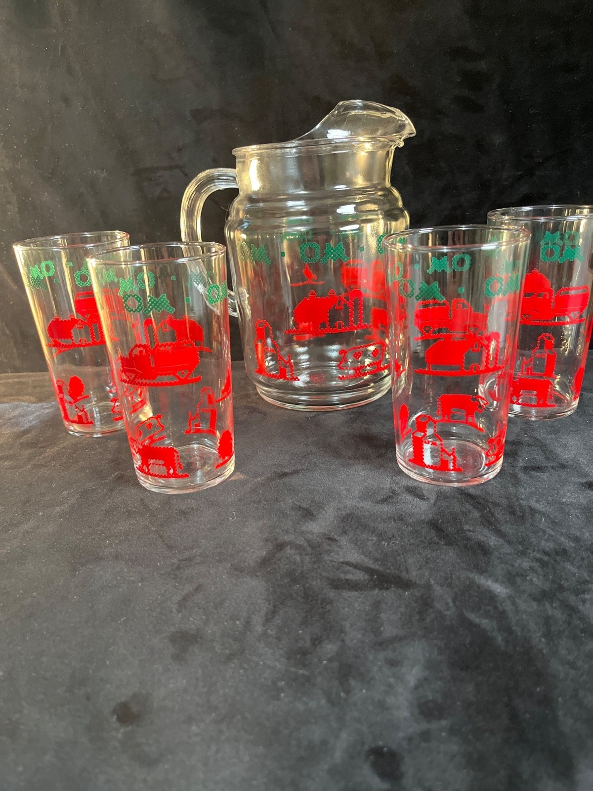 Mid-century, agricultural Federal Glass, O & M memorabilia. Farm scene pitcher w Mid-century, agricultural Federal Glass, O & M memorabilia. Farm scene pitcher w