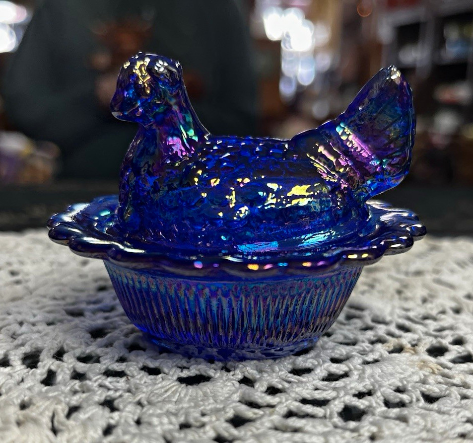 Mosser Blue Iridescent Carnival Cobalt Hen on nest mini