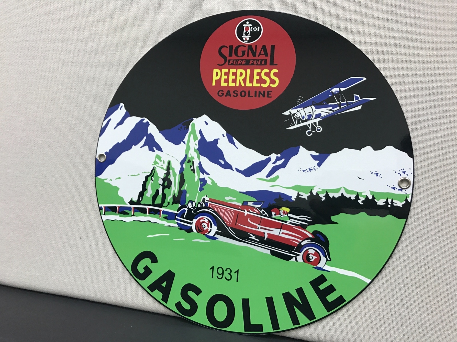 Signal Peerless gasoline 1931 purr pull RARE garage round metal  sign