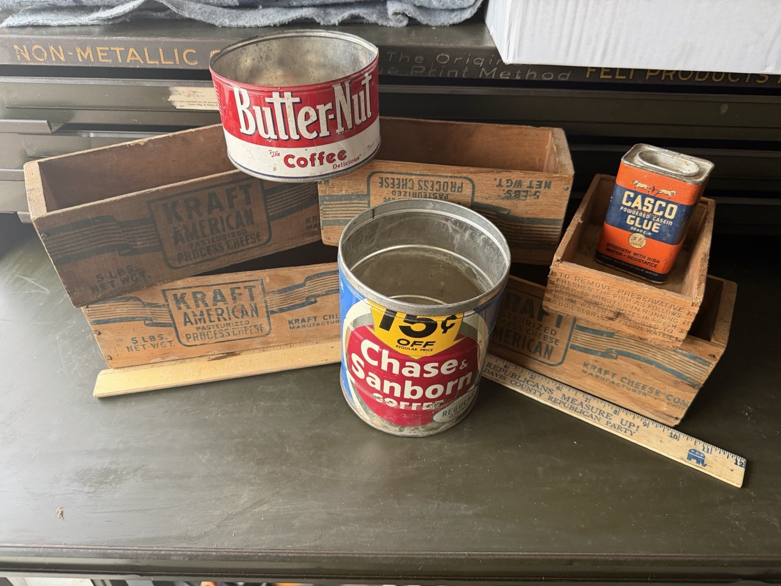 Vintage 8 Pc Mid-Century Americana Pantry Lot – Codfish & 4 Kraft Boxes, 3 Tins
