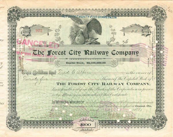 Forest City Railway Co. - Stock Certificate - Railroad Stocks