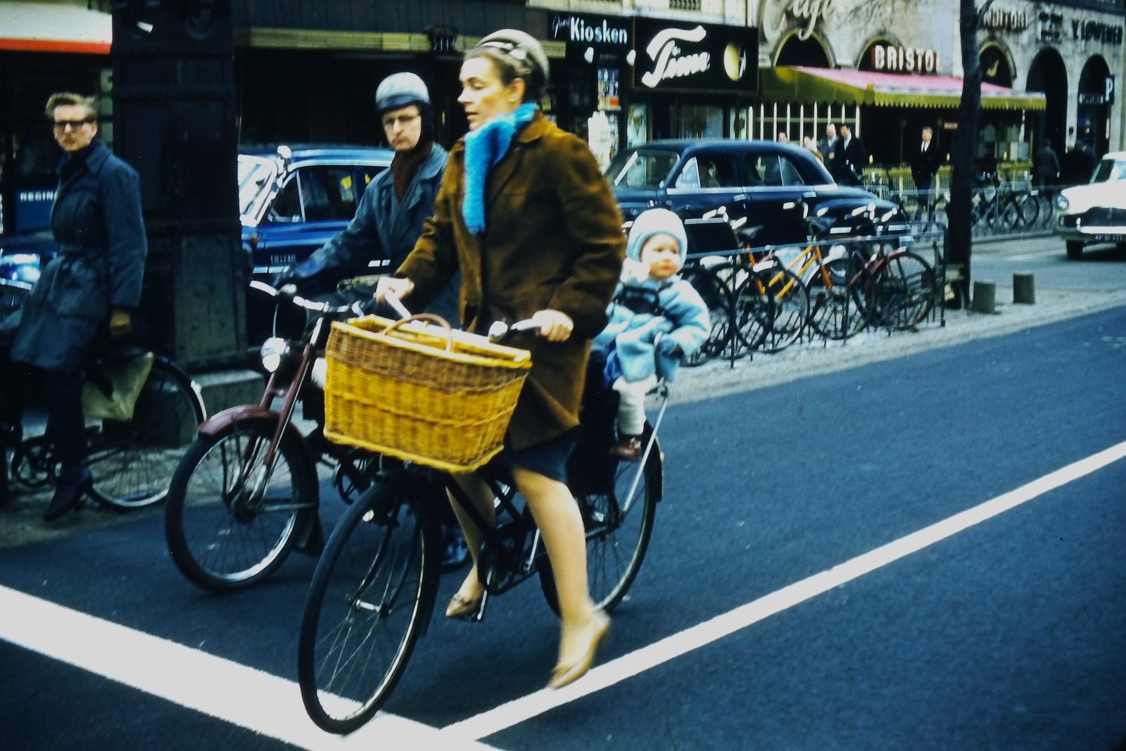 c1960's Kodachrome 35mm Slide, Woman Bicycle Baby, Kiosken Bristol blue mid