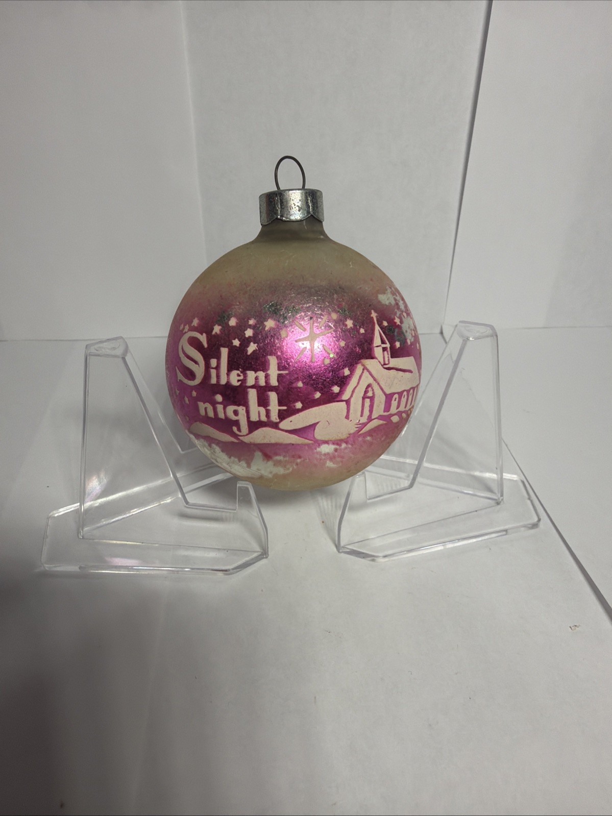 Vintage Shiny Brite Silent  Night stencil Pink White Ombre Ornament W/ Church 2”