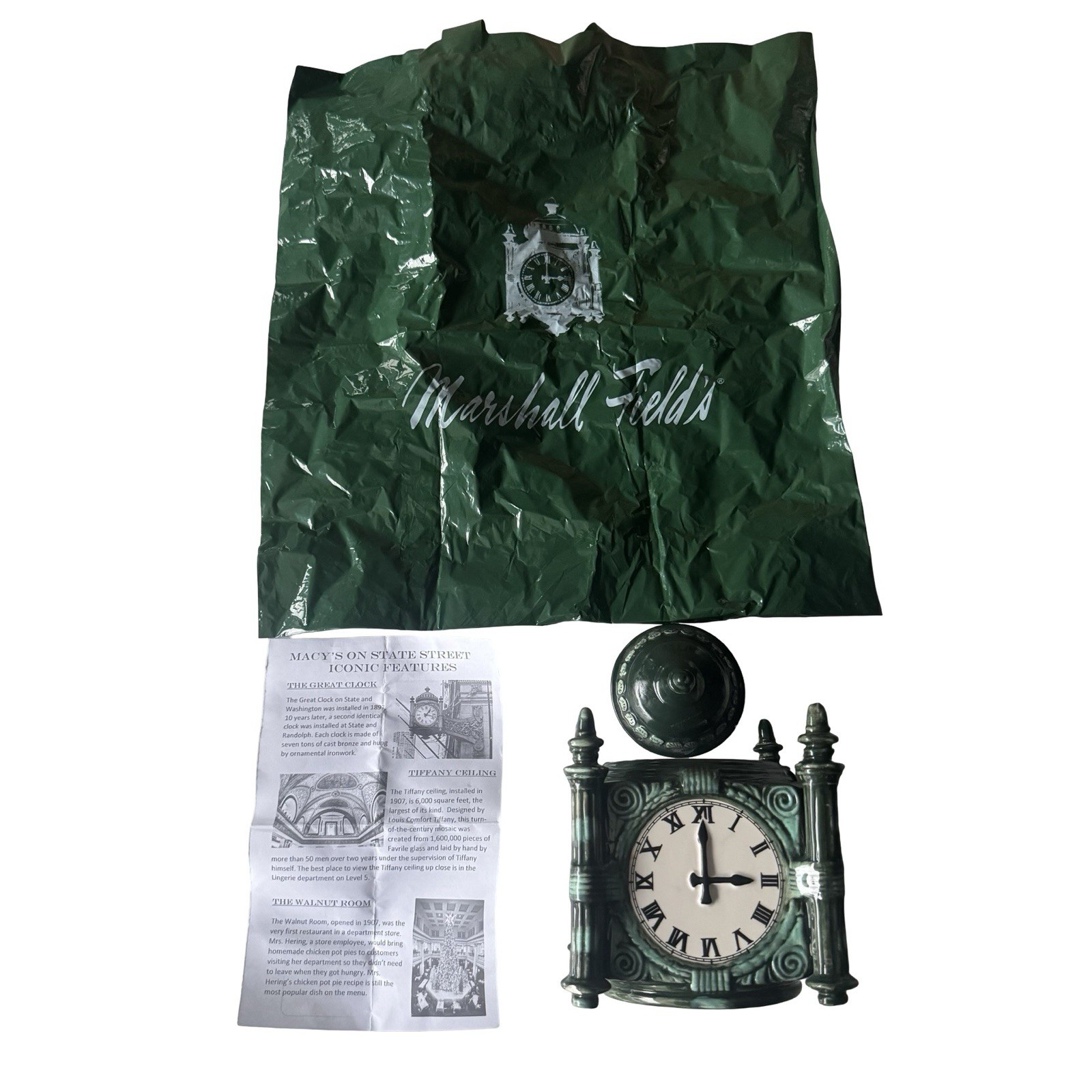 Marshall Fields Great Clock On State St Jar 100th Anniversary RARE + Bag & Paper