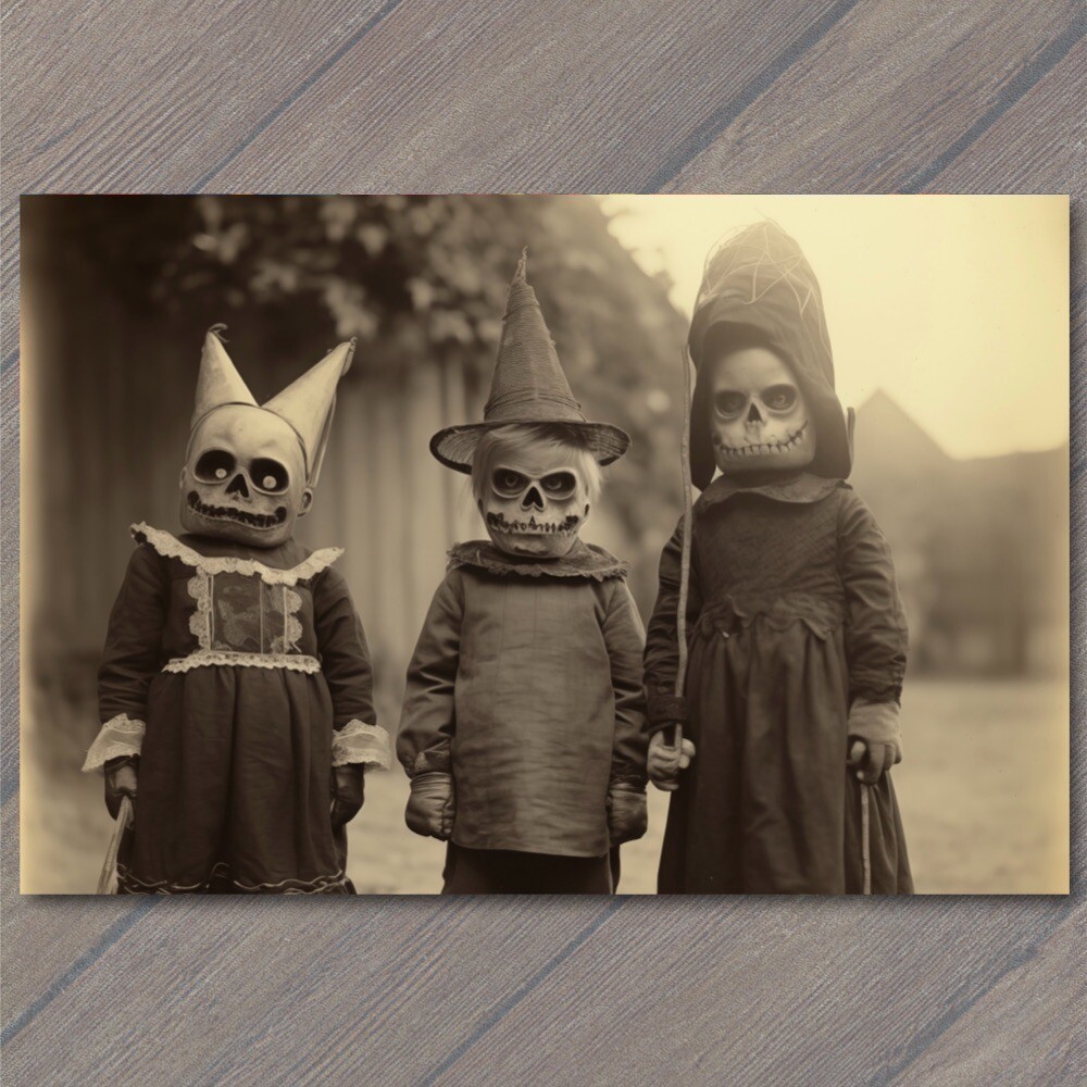 POSTCARD Weird Creepy Old Fashion Vibe Kids Masks Halloween Unusual Hats H POSTCARD Weird Creepy Old Fashion Vibe Kids Masks Halloween Unusual Hats H