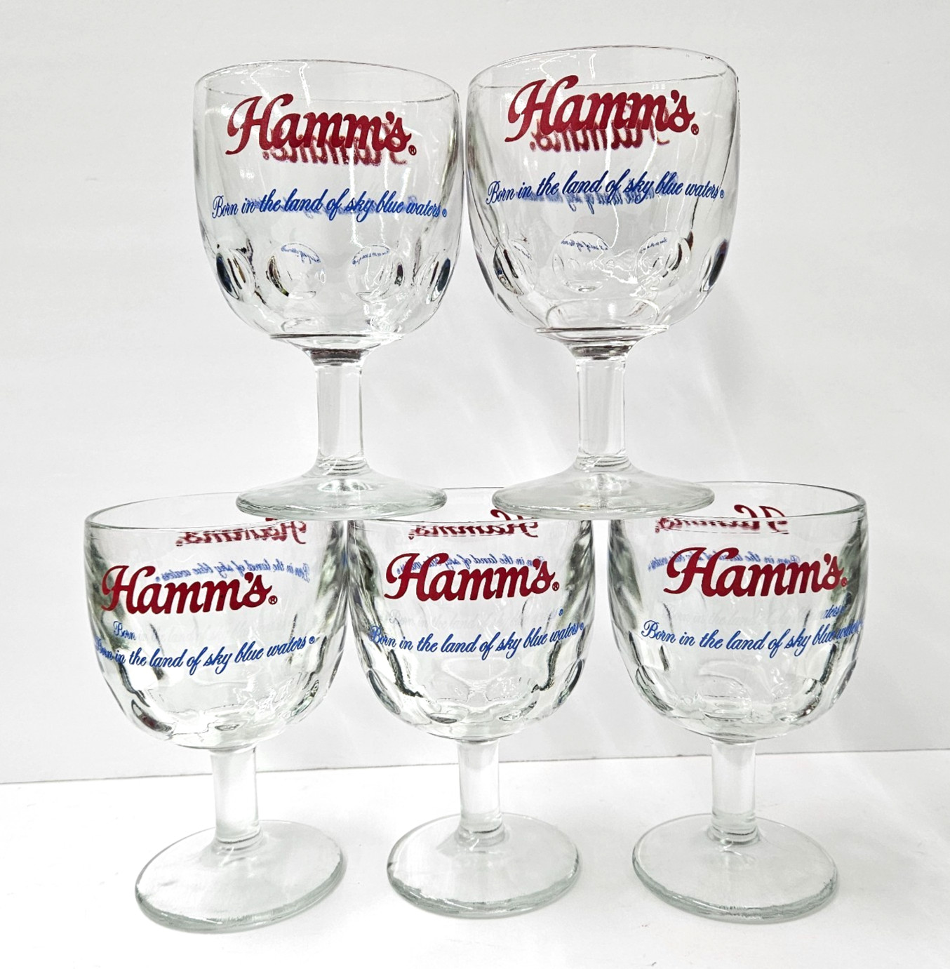 Vintage Hamm\'s Beer Pedestal Glassware Thumbprint Goblet Set Of 5 (A7)