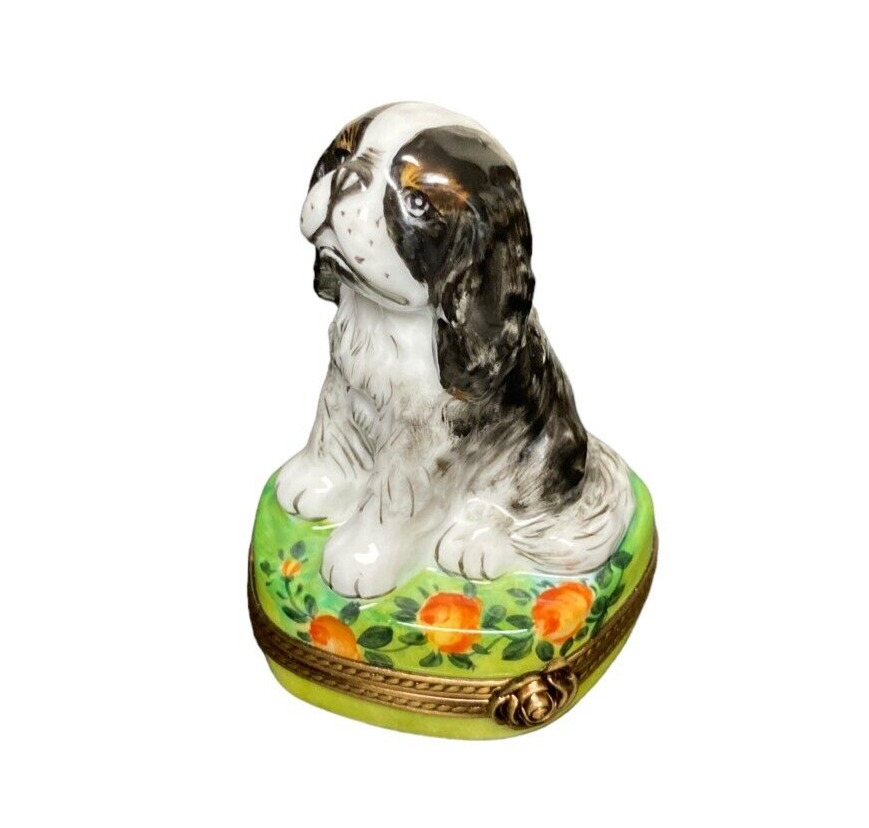 Limoges Petit Main Rochard France King Charles Spaniel Dog Hinged Porcelain Box