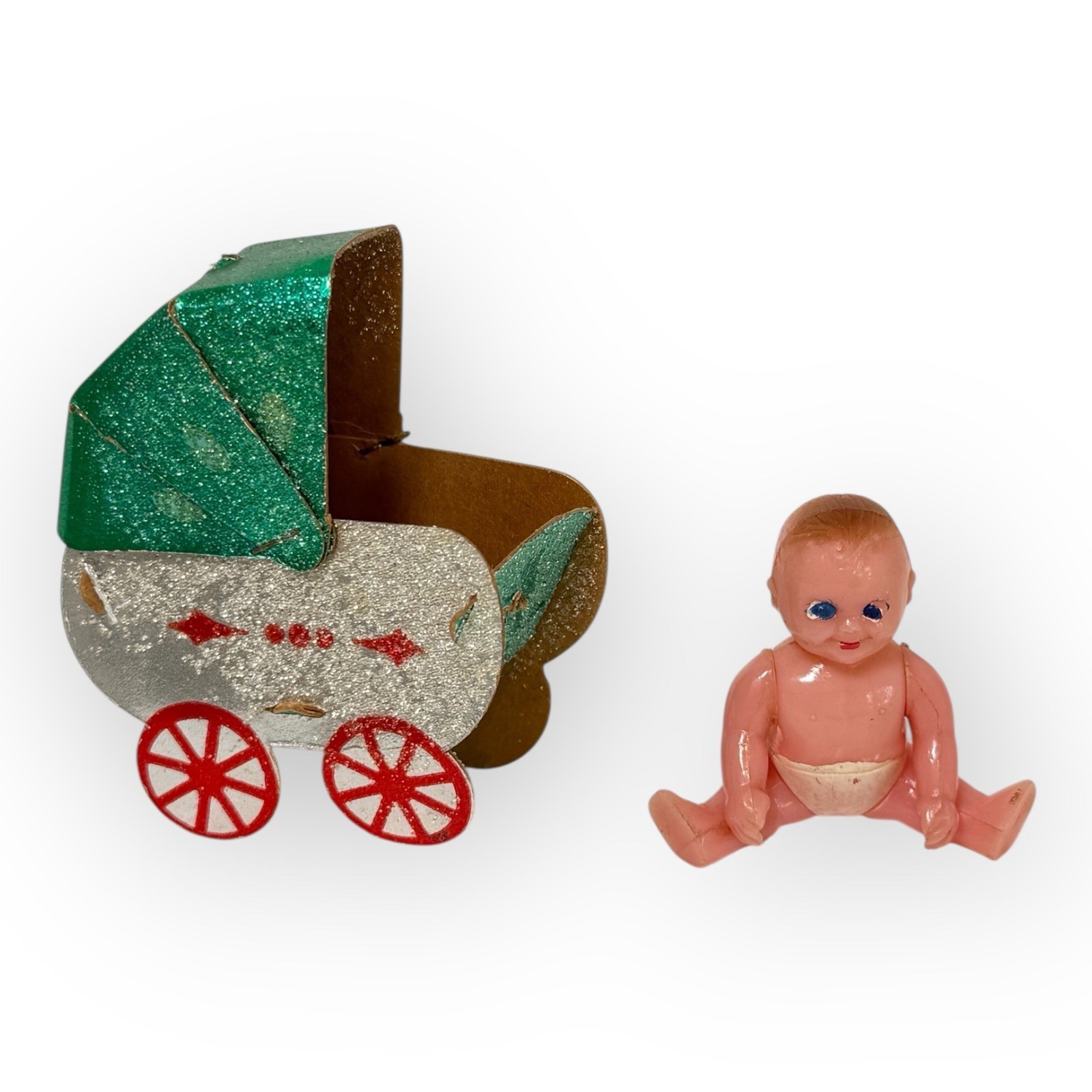 VTG 1950s Sugared Metallic Cardboard Pram Ornament Renwal Baby No 8 Doll First VTG 1950s Sugared Metallic Cardboard Pram Ornament Renwal Baby No 8 Doll First