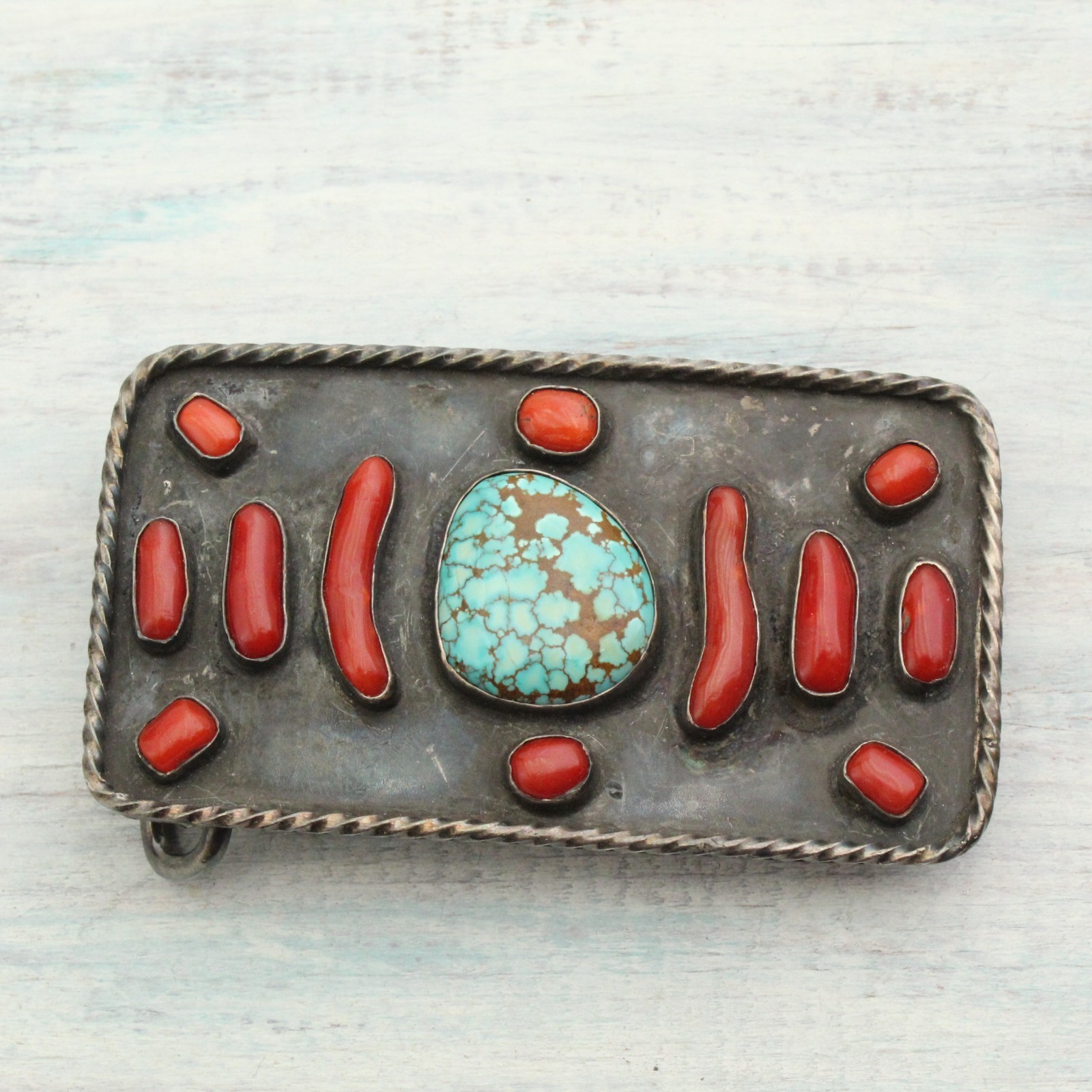 Vintage Sterling Silver Turquoise Coral Native American Belt Buckle