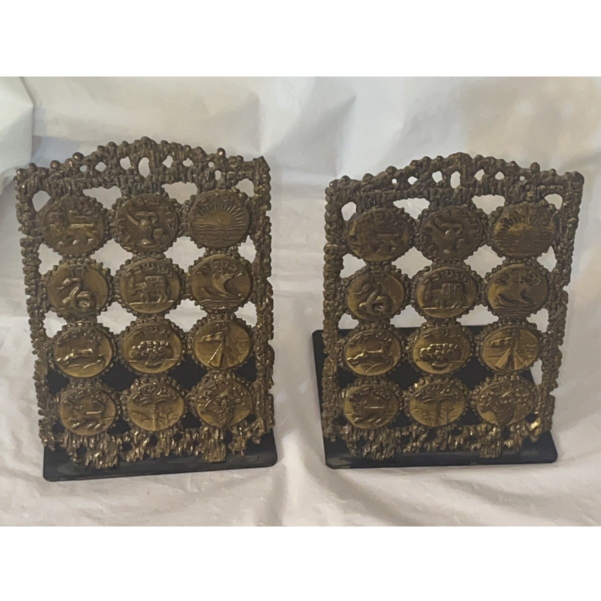 Vintage Oppenheim Israel Brass Zodiac Signs Bookends MCM Judaica Astrology 1960s