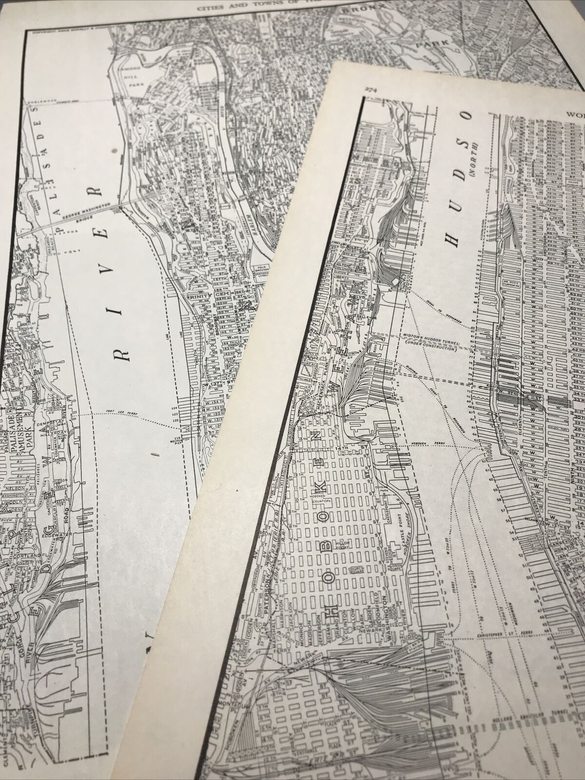 1940's upper & lower Manhattan Hudson east Harlem  Bronx atlas Map 2 page