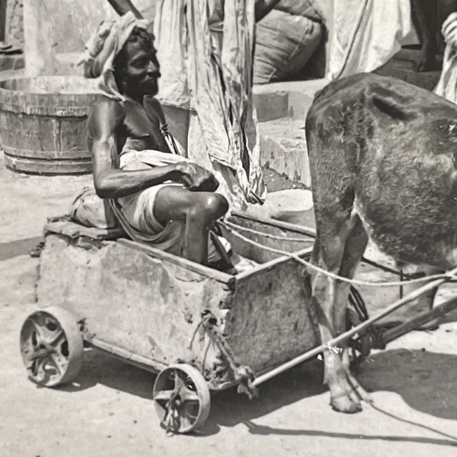 Calcutta India Stereoview Stereo-Travel Co. 1908 Ox Cart Cripple Scene