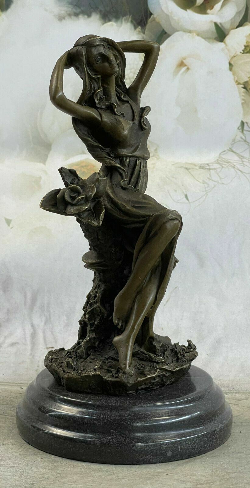 Handcrafted Art Nouveau Sexy Maiden with Bunch of Roses Flower Bronze Statue NR