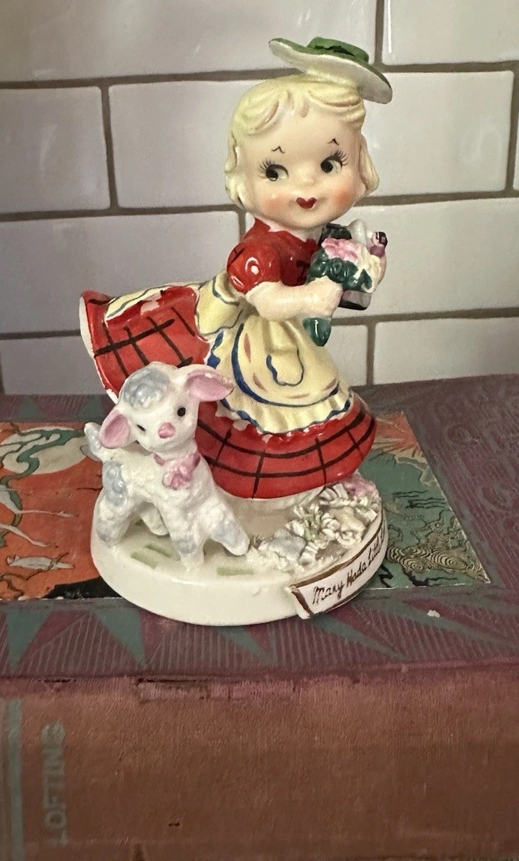 Vintage Kitsch TMJ Mary Had A Little Lamb Girl Red Dress Green Hat Flowers Japan Vintage Kitsch TMJ Mary Had A Little Lamb Girl Red Dress Green Hat Flowers Japan
