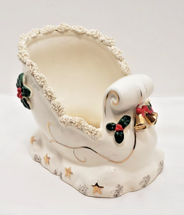 Vintage MCM Napco Sleigh Christmas Planter White Spaghetti Trim 1956 Japan S927
