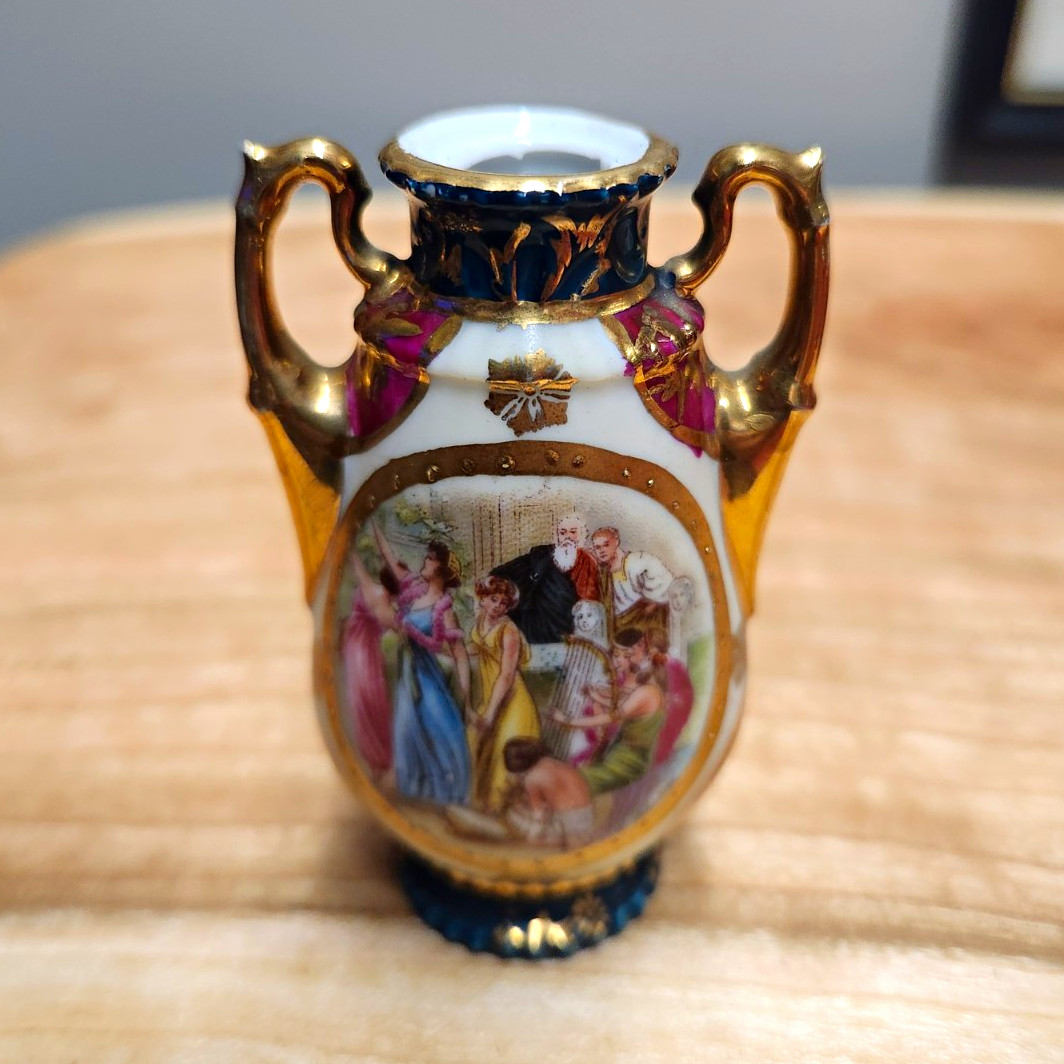 Antique Royal Vienna Style Miniature Urn Vase Cobalt Blue Gold Gilded Scene Antique Royal Vienna Style Miniature Urn Vase Cobalt Blue Gold Gilded Scene