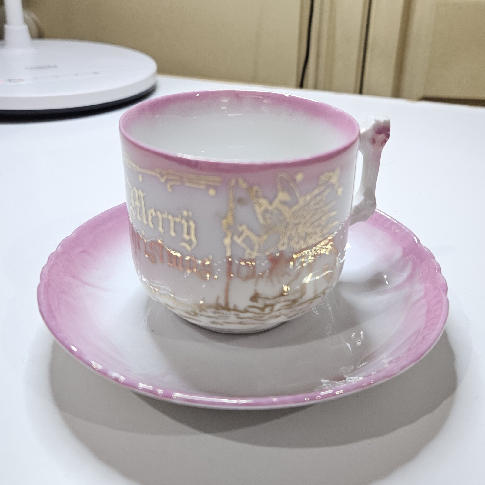 Antique 1910 Leuchtenburg Germany Merry Christmas Pink & Gold Teacup & Saucer