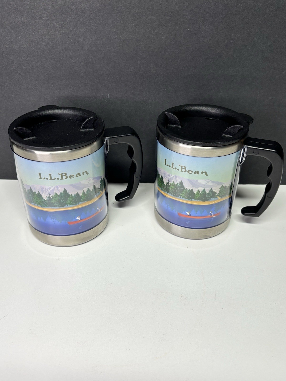 Set of (2) L.L.BEAN Coffee/Tea Travel Mugs With Lids Open Box. Never Used
